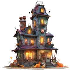 Charming Haunted House Brimming with Glowing Windows and Festive Pumpkins on a Spooky Night