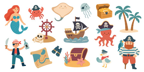 A Whimsical Pirate Adventure: Captivating Sea Creatures, Treasure, and Colorful Characters. Pirate characters set