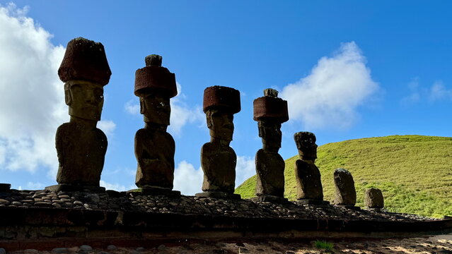 Row of Moai Statues at Ahu Nau Nau – Easter Island Chile