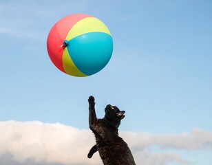 Playful black cat reaching for a colorful beach ball against a partly cloudy sky