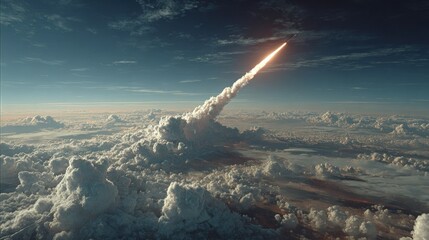 Rocket launching into the stratosphere above clouds