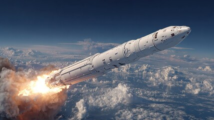 Rocket launch ascending into clouds, billowing smoke, sky in background