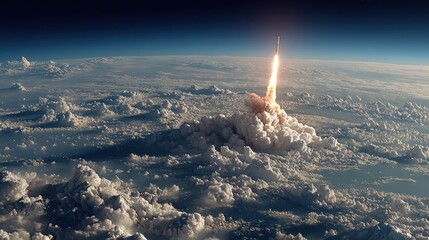 Fototapeta premium Rocket launching/ascending/above Earth and atmospheric clouds - Space travel concept.