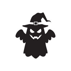 Black silhouette of a spooky Halloween ghost wearing a witch hat with bat-like wings and sharp fangs, ideal for holiday graphics, party invitations, and posters