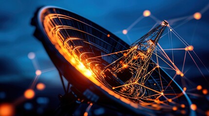 Close up view of an orange glowing satellite dish surrounded by abstract network lines and luminous nodes