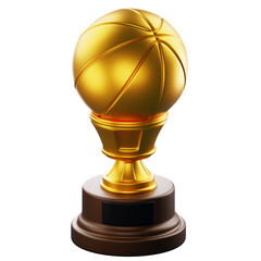 3D Render Shiny gold basketball trophy on wooden pedestal, suitable for sports awards, marketing, and event branding.