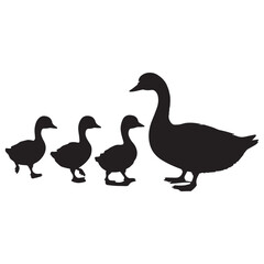 A simple black silhouette illustration of a mother duck leading her ducklings in a line. 