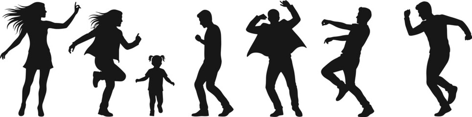 Silhouette group dancing, people in motion, happy family celebration, energetic dance, modern lifestyle, fun party, friends together, joyful movement, entertainment