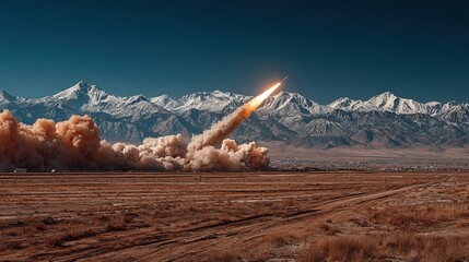 Rocket launch ascending into sky, leaving trail over mountain range