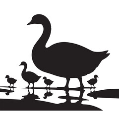 A simple black silhouette illustration of a mother duck leading her ducklings in a line. 