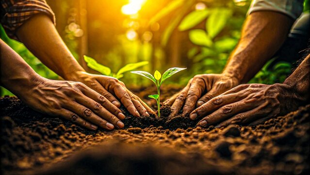 Multiple hands planting green seedling in rich soil, representing teamwork, growth, environmental care, sustainability, and nature conservation