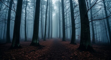 Naklejka premium Dark Forest Path in Fog Mysterious Woodland Scene
