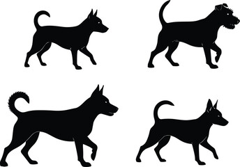 Silhouette of different dog breeds, walking dogs, pet animal design, black dog vector, domestic pets, canine illustration, animal silhouette