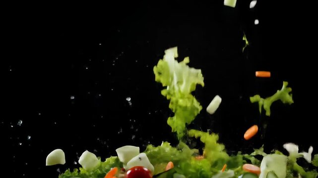 Fresh salad ingredients gracefully falling in slow motion studio shot