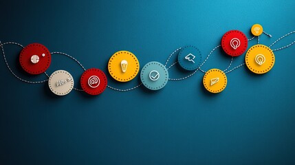 Colorful circular icons with white symbols like a lightbulb and checkmark linked by a dashed line on a blue background