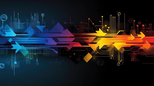 Abstract digital background displaying vibrant arrows and circuit board elements transitioning from cool blue to warm orange hues