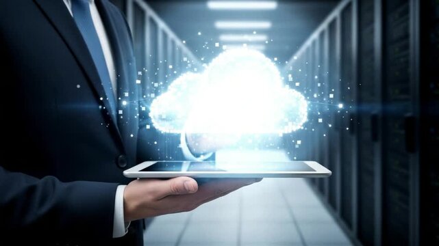 Man in suit holding tablet with digital cloud in a server room for data and technology concept - Powered by Adobe