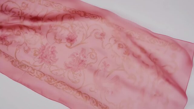 Delicate blush pink fabric with subtle floral and scrollwork design