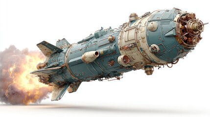 Steampunk craft accelerating, with exhaust smoke, over white background