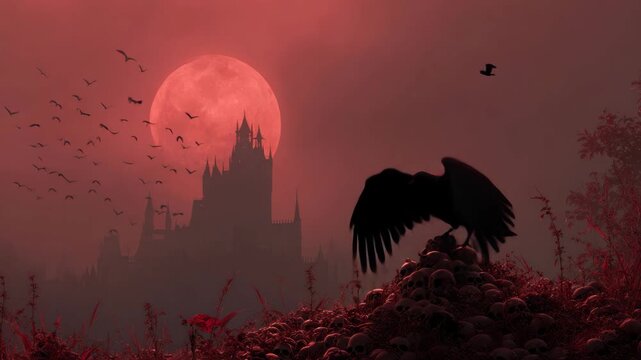 Lonely dark fantasy angel silhouette with red moon, gothic castle, and spooky crow on skulls