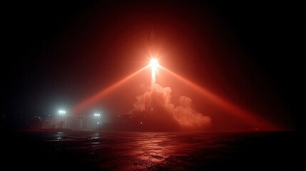 Rocket launch illuminating the night sky from a launchpad.