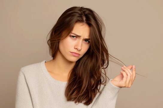 Sad young woman with long brown hair holding split ends