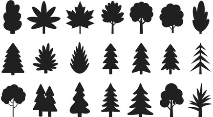PrintCollection of Various Tree Silhouettes, Ideal for Nature, Forest, Botanical, Vector, Graphic Design, Black and White Illustration Projects