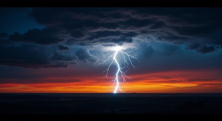 Dramatic Lightning Strike Over Dark Stormy Sky During Sunset