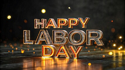 Glowing 3d happy labor day text with spark effects on dark background for american holiday celebration, festive greeting and promotion design