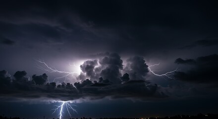 Dark Storm Clouds with Lightning Strike Over Night Sky in Dramatic Weather Scene