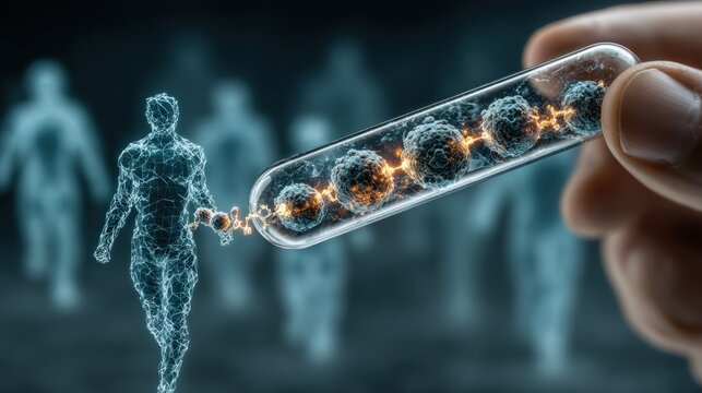 Human figure connected to tube with glowing spheres, futuristic concept - Powered by Adobe