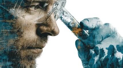 Scientist examines sample with overlay of people, researching laboratory setting.