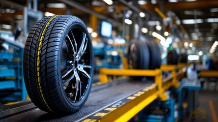 Fototapeta premium A tire on a factory conveyor belt, manufacturing concept