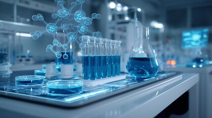 Modern biotechnology laboratory with holographic interface