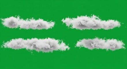 Four Realistic White Cloud Puffs on Bright Green Background for Weather or Nature Themes