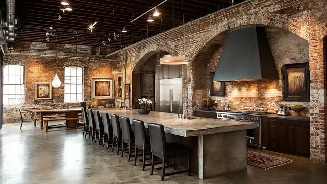 Industrial loft kitchen and dining area with exposed brick