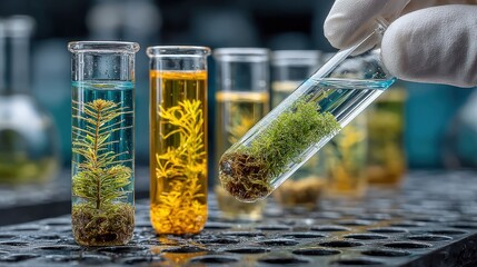 Researcher/analyzing/test tubes with plant samples in lab setting.