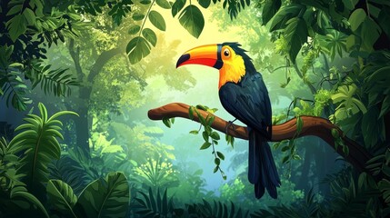 Fototapeta premium Tropical jungle forest with toucan on tree cartoon background. Bird on branch in wildlife exotic nature landscape.