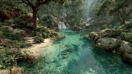 Forest stream flowing through lush green environment