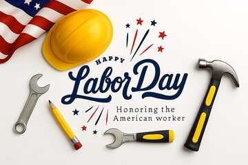 Labor Day Celebration with Tools, Hard Hat, and American Flag – Honoring U.S. Workers