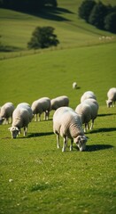 Obraz premium Sunlit Flock Grazing Peacefully on Rolling Verdant English Countryside Hills