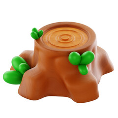3D Render Cartoon 3D stump with green clover leaves; playful nature motif suitable for eco campaigns, gardening, or kids' apps.