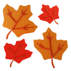 3D Render Photograph of four autumn leaves in orange and red tones on white background, suitable for fall promotions.