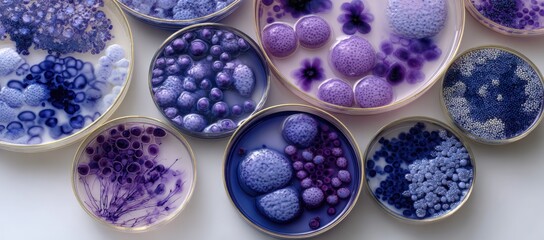 Microscopic organisms arranged in petri dishes, showing purple and blue colonies
