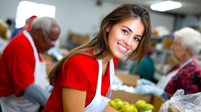 A woman volunteers, happy and cheerful, working hard during charity or social event with other people