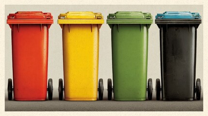 Colorful waste bins arranged in a row, ready for collection.