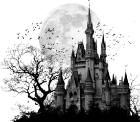 Mysterious Castle Silhouetted Against A Full Moon Sky Teeming With Flying Bats