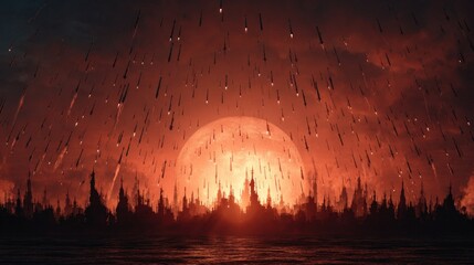 Celestial objects raining down on the cityscape at dusk.