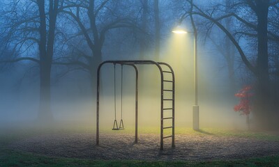 Foggy Night Playground Swing Set and Climbing Frame in Misty Park