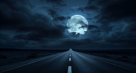 Full Moon Night, Open Road Stock Photo Dramatic Highway Night Sky